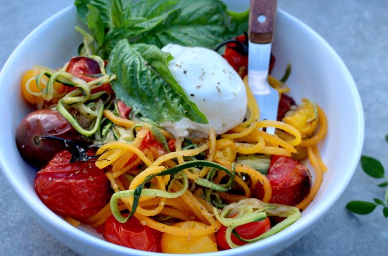 Veggie Noodles, Roasted Tomatoes and Burrata