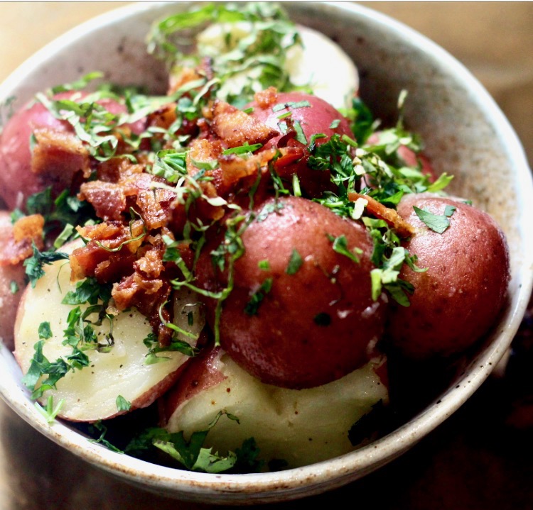 Warm Herb Potato Salad with Dijon Vinaigrette, Bacon and Parmesan