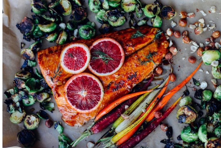 Maple Glazed Salmon with Pan Seared Brussels and Roasted Carrots