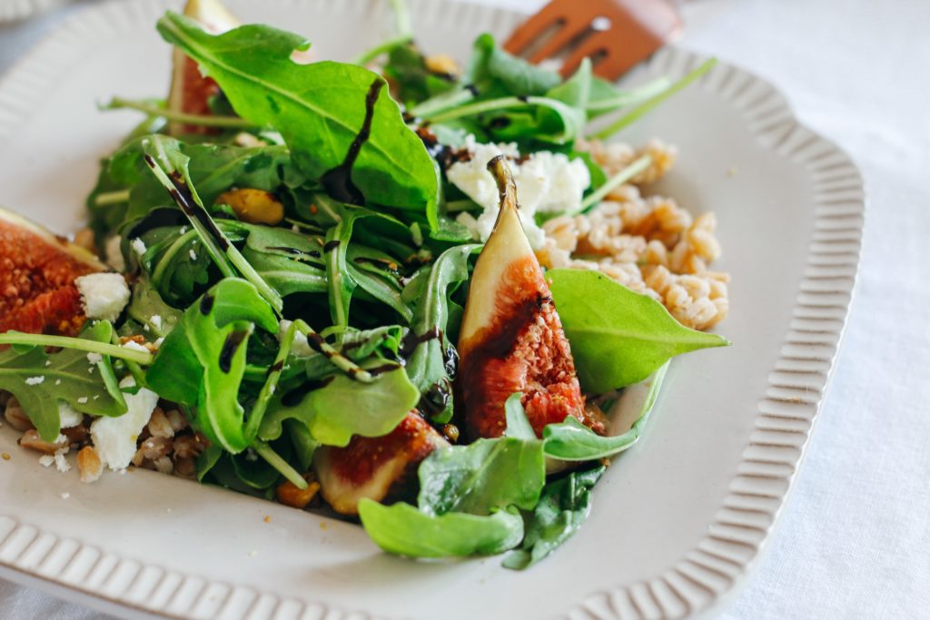 Farro + Arugula Salad with Figs, Goat Cheese and Hazelnuts