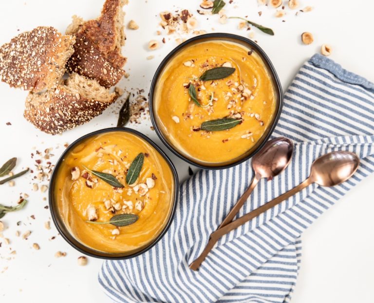 Roasted Sweet Potato Soup with Brie and Crispy Sage