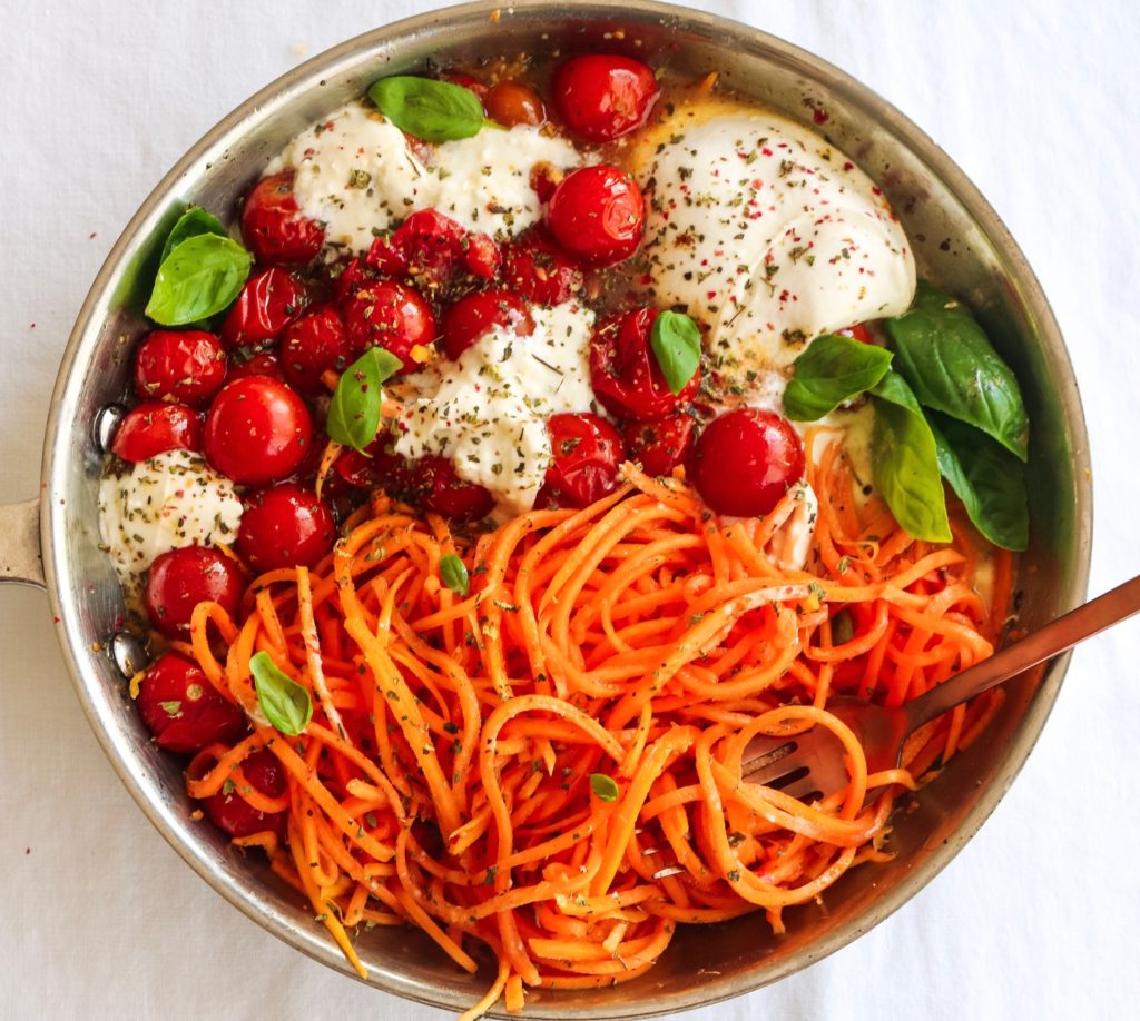 Sweet Potato Noodles with Roasted Tomatoes and Burrata