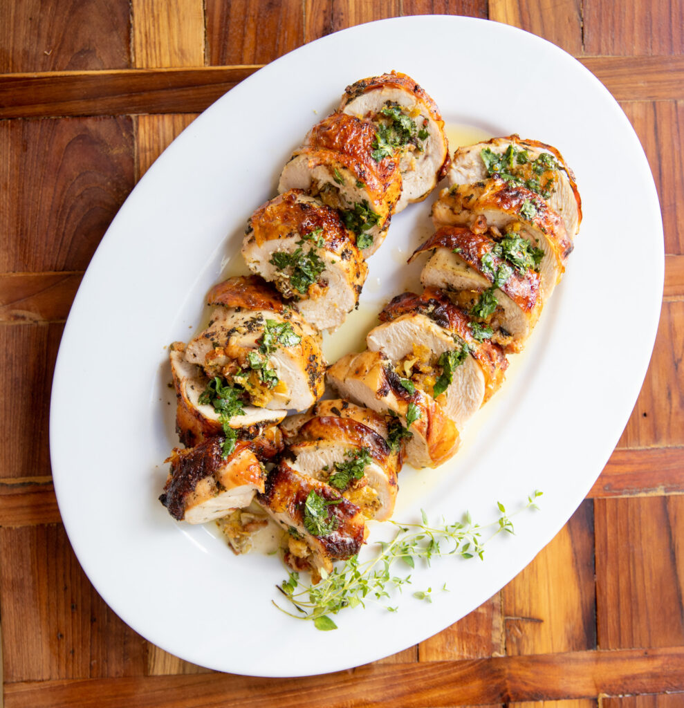 Turkey Breast Stuffed with Sweet Plantain and Chimi-Verde Sauce