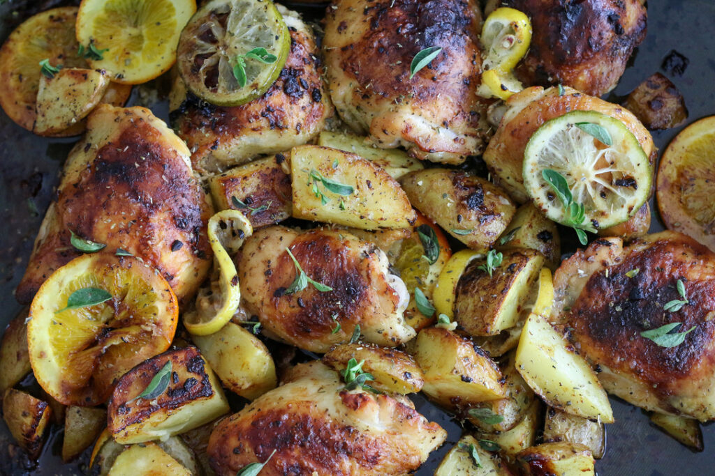 Oven Roasted Lemon Chicken Thighs + Potatoes