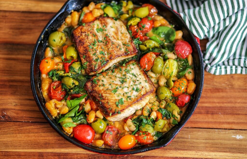 White Fish with Cannellini Beans, Tomatoes and Olives