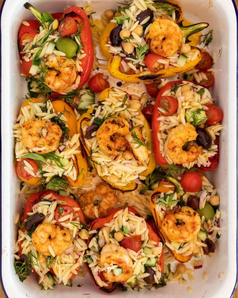 Stuffed Bell Peppers with Orzo and Pan-Seared Shrimp