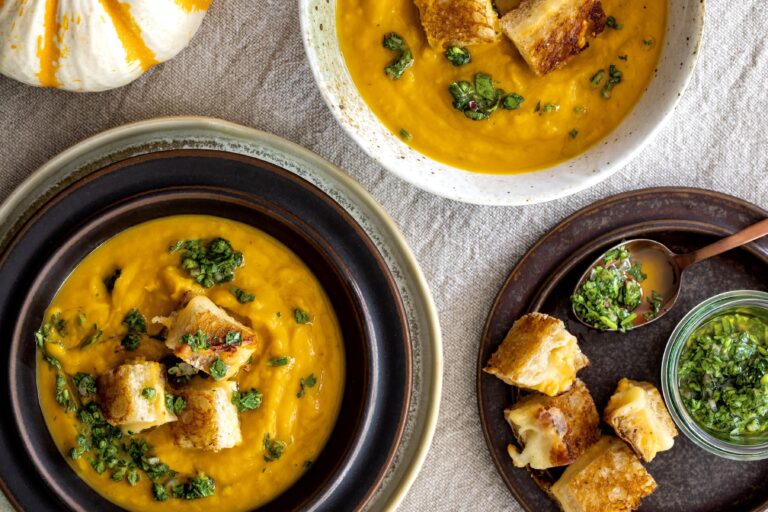 Squash and Sweet Potato Soup with Grilled Cheese Croutons and Chimi Sauce
