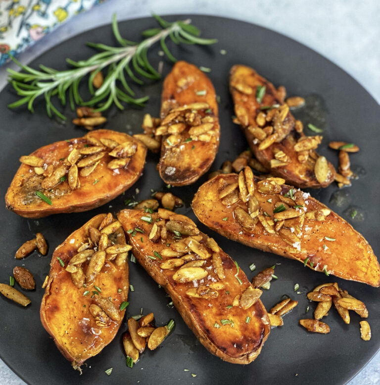 Roasted Sweet Potatoes with Hot Honey Butter and Pumpkin Seeds