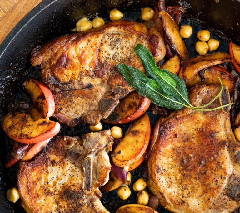 Pan-Seared Pork Chops with Onions, Chickpeas, and Apples