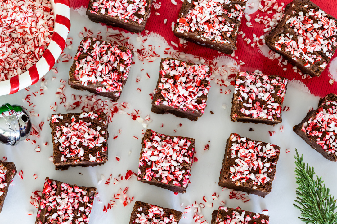 A close up of some brownies with candy canes