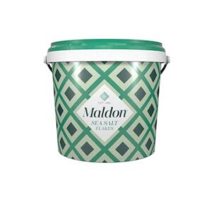 A green and white bucket of maldon biscuit