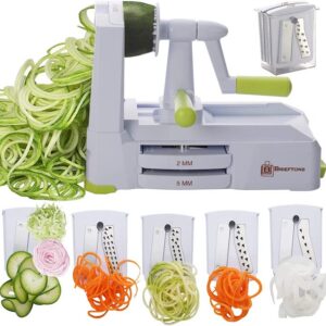 A spiralizer with seven different types of vegetables.