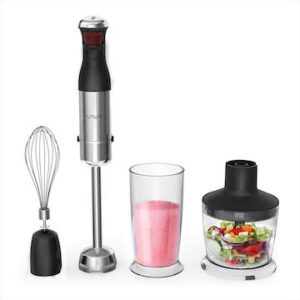 A blender and food processor are next to each other.