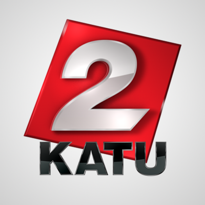 A red and white logo for the channel 2 katu.