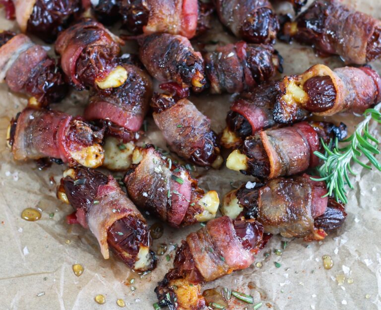 Bacon Wrapped Goat Cheese Stuffed Dates with Maple Syrup