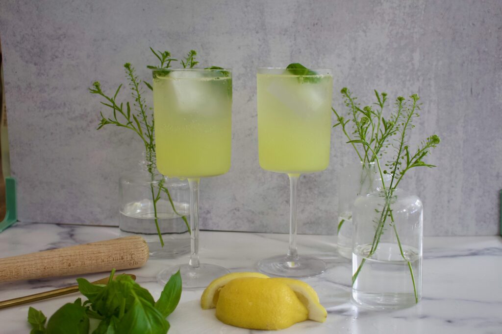 Two glasses of lemonade with a lemon and mint garnish.