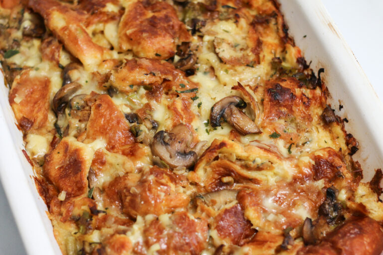 Croissant Stuffing with Mushrooms, Leeks, and Gruyère Cheese