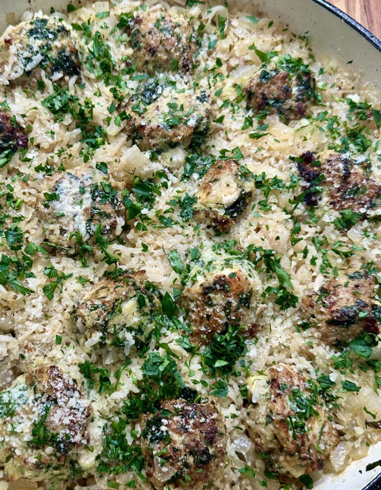 Herby Chicken and Feta Meatballs with Lemon Rice