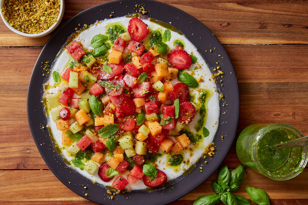 Melon, Strawberries, and Whipped Feta Salad with Basil Vinaigrette